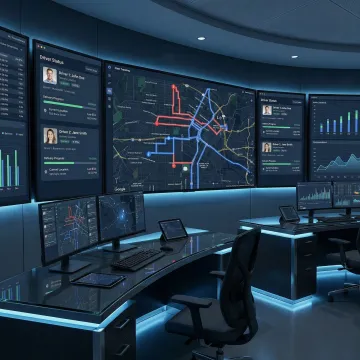 Logistics operations center with dispatch screens showing live delivery routes and fleet tracking for last-mile delivery