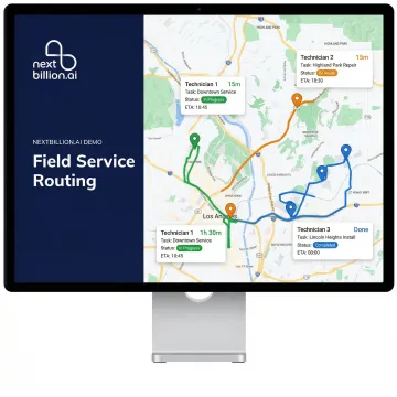 Field service management dashboard showing live GPS locations of multiple technicians on a map with job status indicators