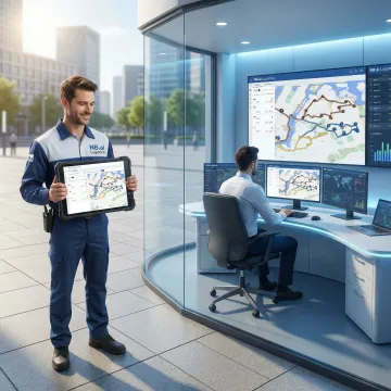 Field service technician using GPS tracking software on a tablet while a dispatcher monitors routes on a screen