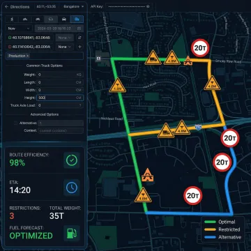 Truck-compliant route planning interface showing HGV restrictions on a map