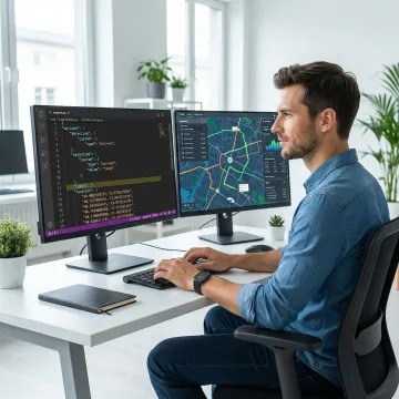 Logistics developer integrating mapping API into fleet management software on laptop