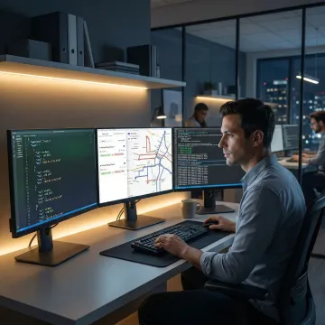 Developer working with map API dashboard showing route optimization and live fleet tracking