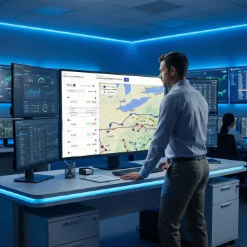 Logistics dispatcher reviewing optimized truck routes on a digital operations dashboard with live fleet tracking