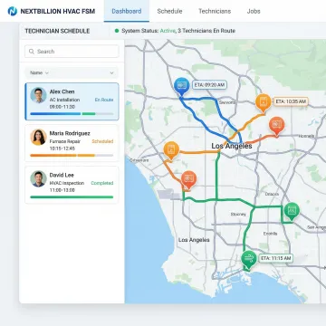 HVAC field service scheduling software showing technician job assignments and route map on a dispatch console