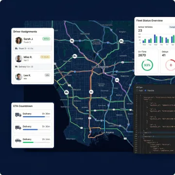 Fleet scheduling dashboard showing live vehicle tracking, route assignments, and dispatch status
