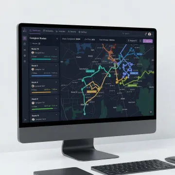 Home healthcare route planning software dashboard showing caregiver schedules and optimized routes on a map