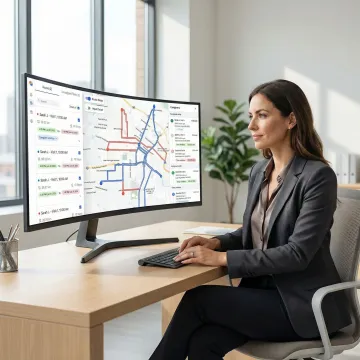 Home health operations manager reviewing optimized caregiver route schedules on a software dashboard