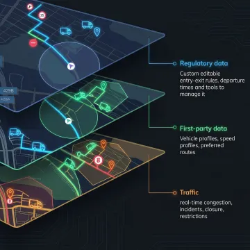 Custom-styled logistics map tiles rendered on a fleet monitoring dashboard