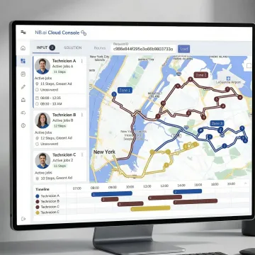 Pest control scheduling software dashboard showing optimized technician routes on a map
