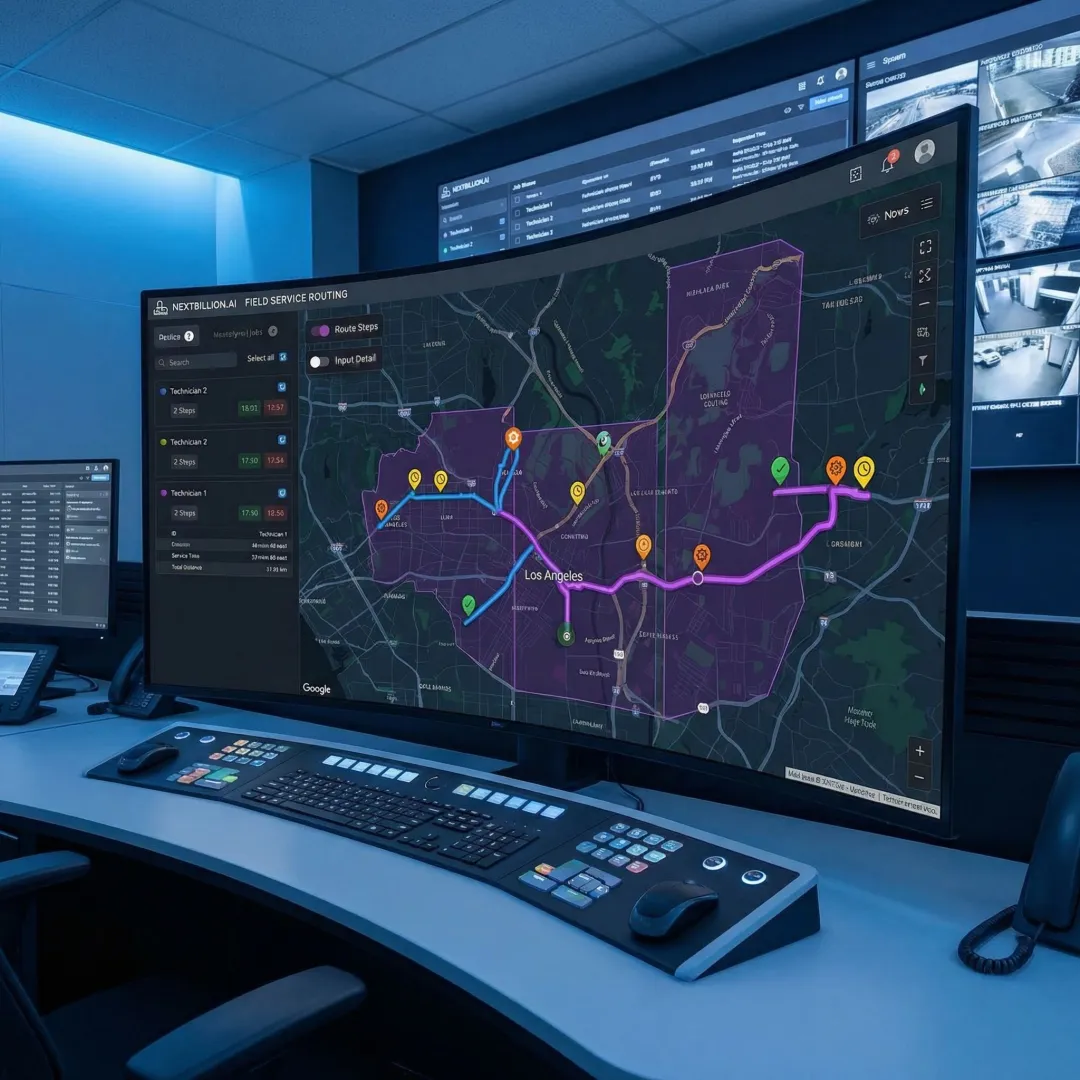 Utility operations dashboard showing live technician routes and job assignments across a service territory map