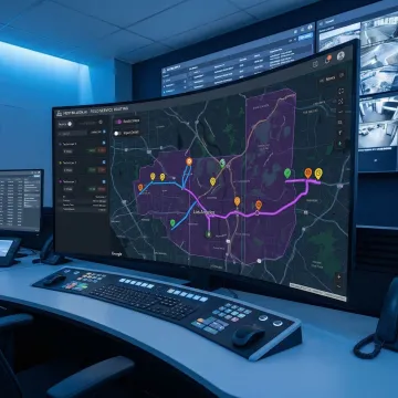 Utility operations dashboard showing live technician routes and job assignments across a service territory map