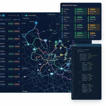 TMS platform interface showing optimized multi-stop route polylines, fleet tracking markers, and API response data
