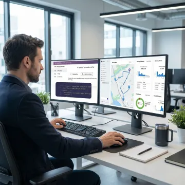 Developer integrating TMS APIs on a logistics platform dashboard with route maps and code editor open