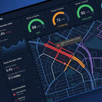 Driver performance analytics screen showing route deviation heatmap and speed violation timeline