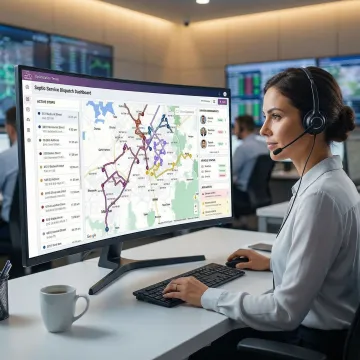 Dispatcher reviewing optimized septic service routes on a computer screen with a map interface