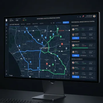 Real-time GPS fleet tracking and driver dispatch dashboard showing live vehicle positions on a map