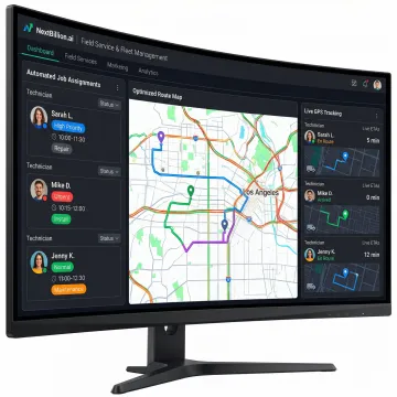 Home service dispatch workflow showing job assignment, route optimization, and live technician tracking on a software dashboard.