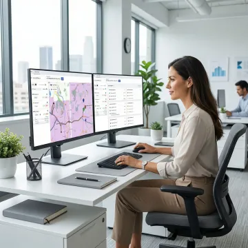 Dispatcher using automated dispatch software on a desktop to assign home service technicians to jobs on a map interface.