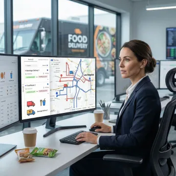 Dispatcher reviewing optimized food and beverage delivery routes on a route planning software interface
