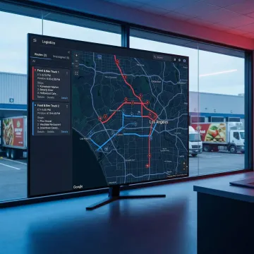 Food and beverage delivery fleet vehicles being dispatched with route optimization software on a logistics dashboard