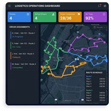 Fixed route scheduling software dashboard showing optimized multi-stop routes on a map