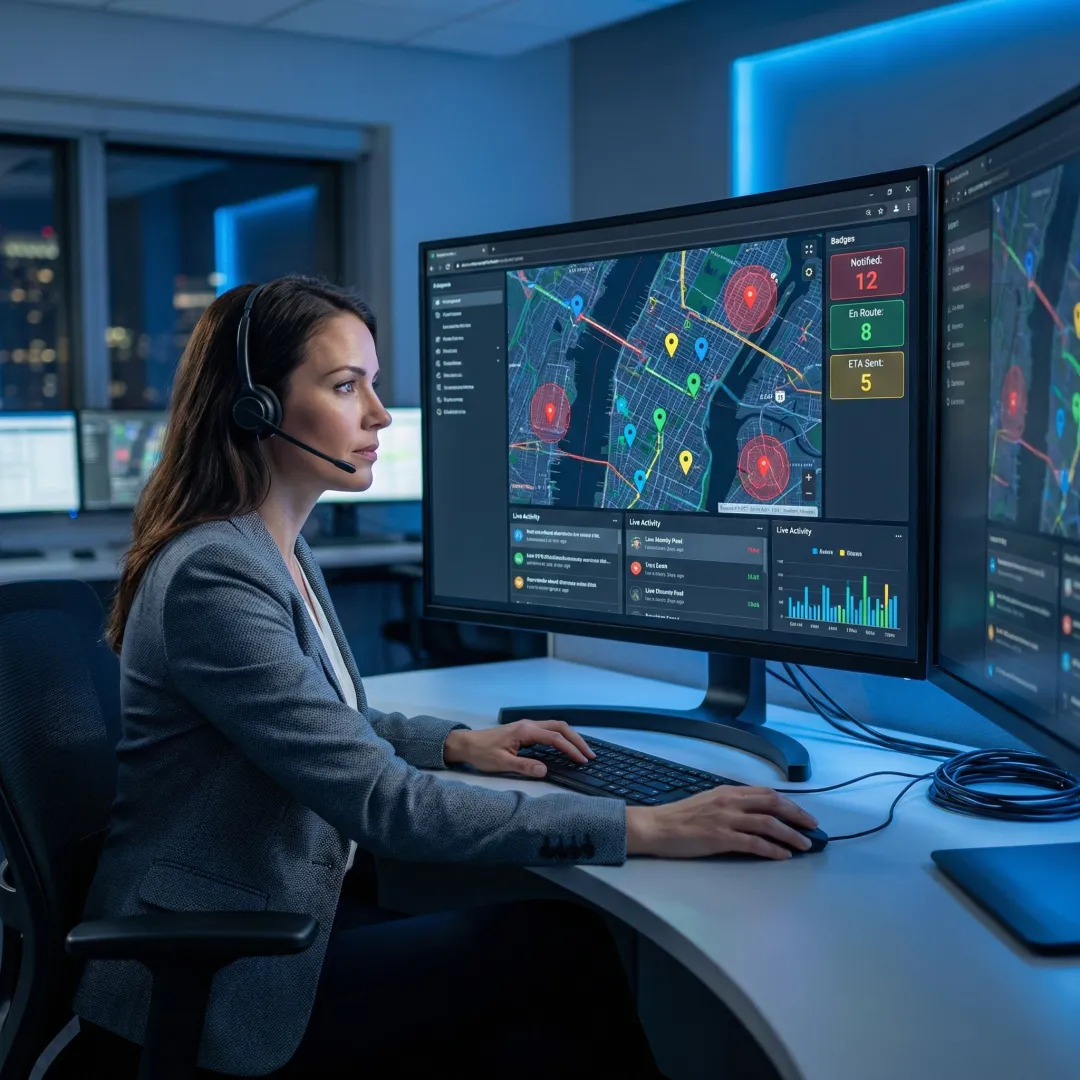 Dispatcher monitoring automated field service notifications on an operations dashboard