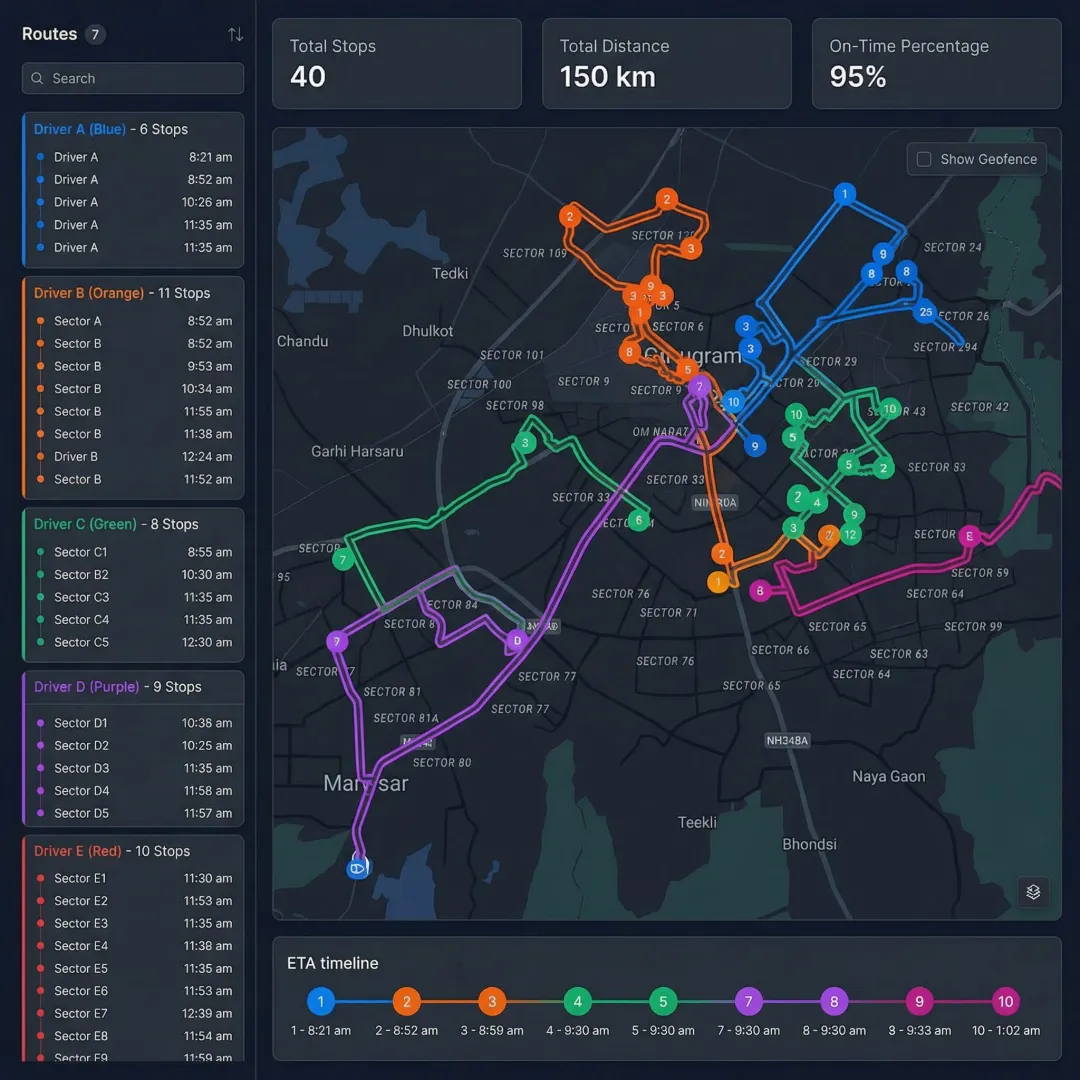 DSD route planning workflow showing stop list optimization and dispatch on operations dashboard