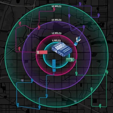 Interactive map interface showing zip code radius zones and distance calculations between multiple locations