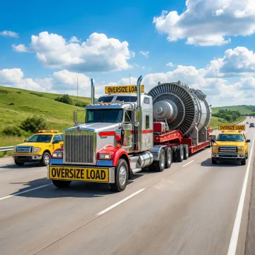 Oversized load truck navigating a highway with a wide load sign and escort vehicles