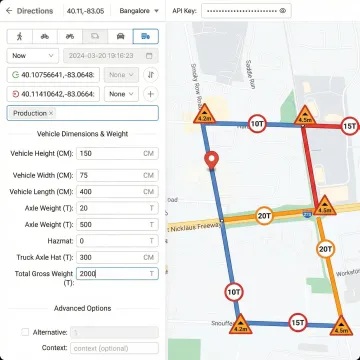 Route planning interface showing truck-dimension-aware routing for an oversized load