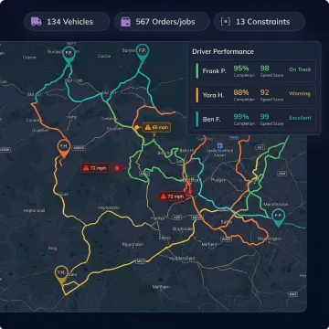 Fleet dispatch dashboard showing driver routes, live vehicle positions, and performance alerts