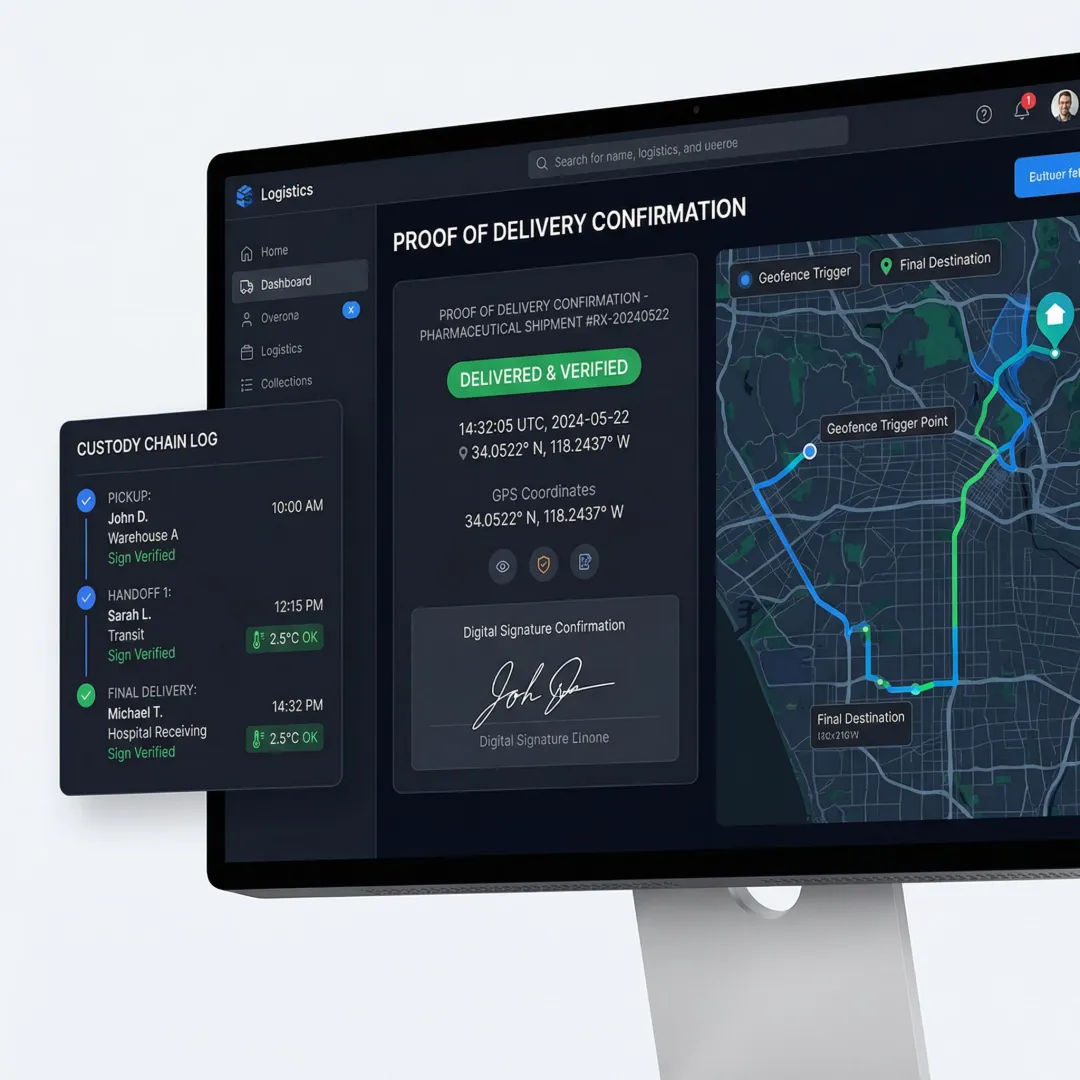Timestamped proof of delivery record for a pharmaceutical shipment on a logistics platform
