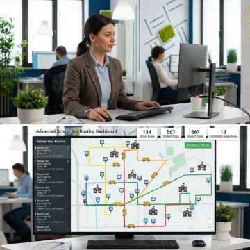 School bus routing and safety management software dashboard showing optimized bus routes on a map
