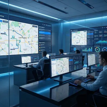 Logistics dispatcher using automated dispatch software on a monitor showing live driver routes and task assignments