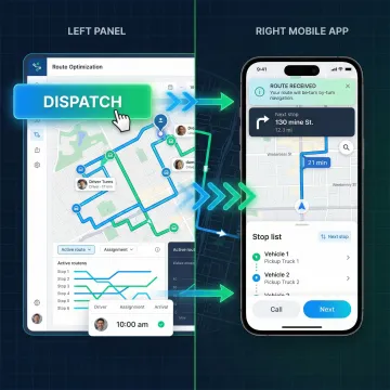 Automated dispatch workflow diagram showing route optimization connecting to driver app and live tracking dashboard