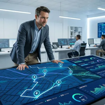 AI-powered EV fleet management software interface showing route planning and optimization