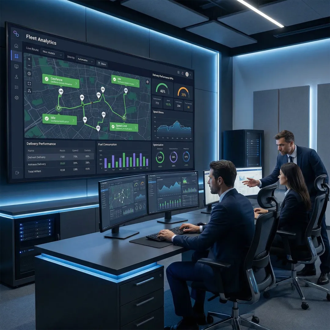 Logistics operations team using AI-powered fleet analytics software on large monitors in an operations center