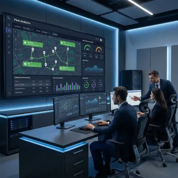 Logistics operations team using AI-powered fleet analytics software on large monitors in an operations center