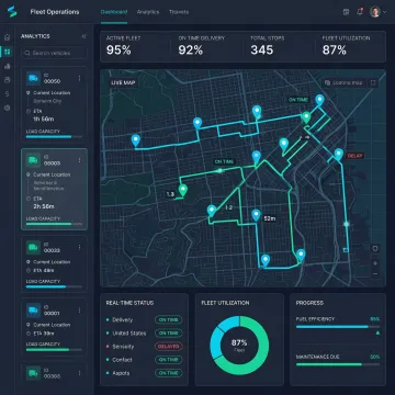AI-powered fleet analytics dashboard showing real-time vehicle tracking, route optimization, and delivery metrics