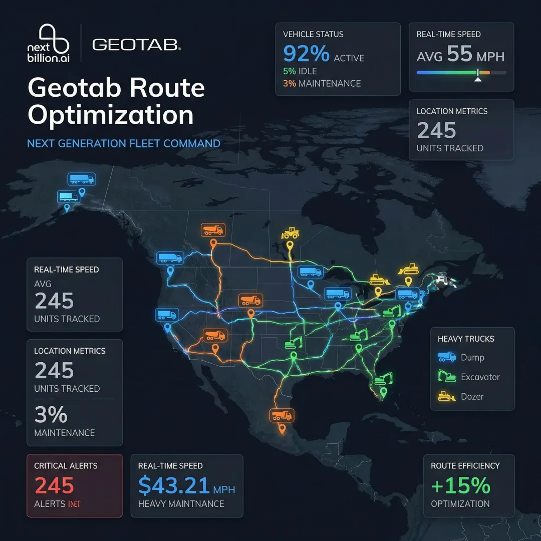 Heavy equipment fleet dispatch and management software dashboard showing live vehicle tracking and route optimization