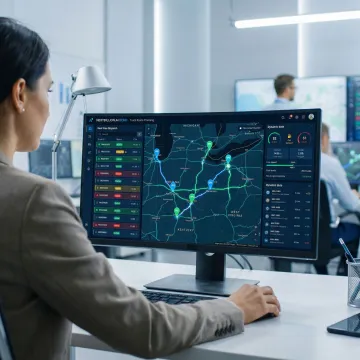 Fleet dispatch software interface showing route optimization and live tracking for heavy equipment vehicles