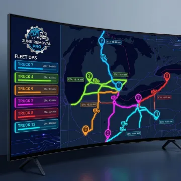 Dispatch console showing optimized multi-stop junk hauling routes on an interactive map