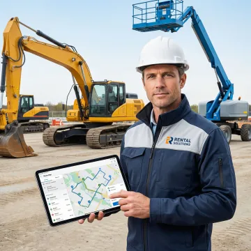 Field service technician managing equipment rental dispatch on a tablet with a route map displayed