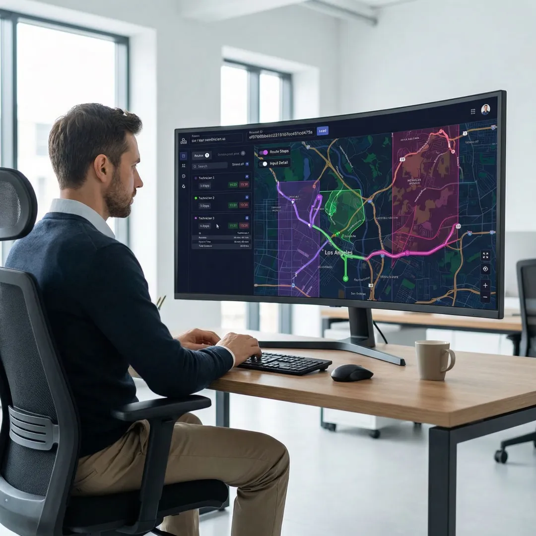 Dispatch console showing optimized field service routes for equipment rental technicians on a map