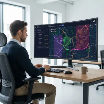 Dispatch console showing optimized field service routes for equipment rental technicians on a map