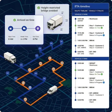Route optimization software interface showing multi-stop fleet routes for long-haul trucks and local delivery vans