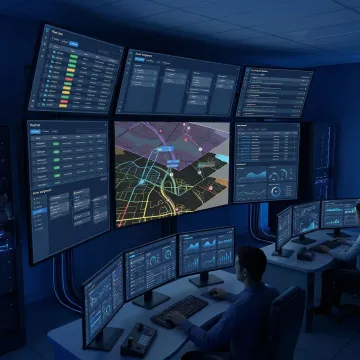 Dispatcher monitoring AI-powered real-time call assignment workflow on multiple screens in a logistics operations center
