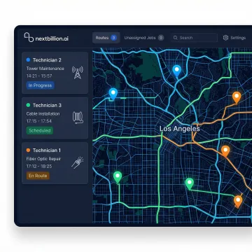 Field service management workflow showing job dispatch and technician route planning on a software dashboard