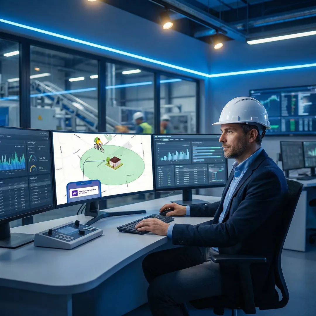 Operations manager reviewing geofence boundary alerts on a manufacturing facility dashboard