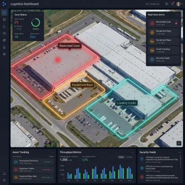 Geofencing solution interface showing virtual boundary overlays on an industrial manufacturing facility map